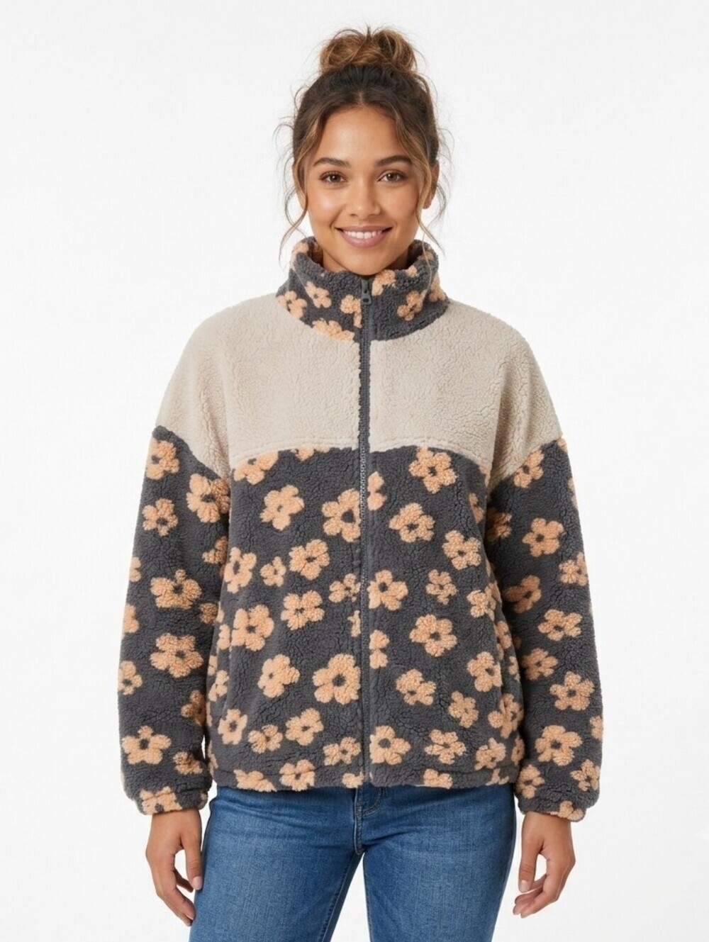 Aelfric Eden Colorblock Grey Orange Floral Sherpa Fleece Jacket